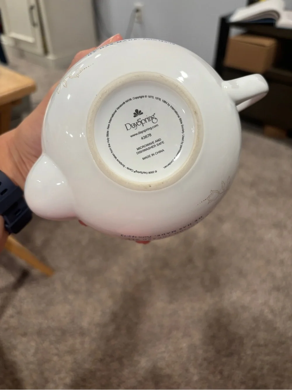 White Ceramic Teapot with Blue Bird Lid and Faith-Inspired Design